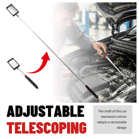 Extendable Car Inspection Mirror With Light 12 To 35 Inch Telescoping Tool LED View 360 Degree Adjustable Non Slip Grip For Tight Spots Under Dash And Engine Bay Easy Reach Vision, telescoping