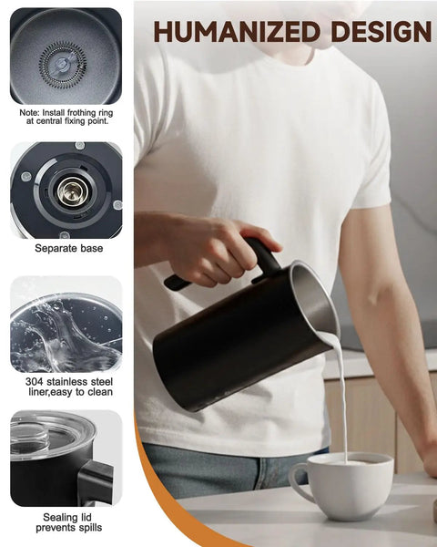 Person using 4-In-1 Milk Frother And Steamer With One-Touch LED Controls, 11.8Oz, 350 Ml Capacity, pouring milk into a cup