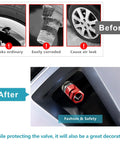 Before and after comparison showing Red Tire Valve Stem Caps 4 Pack Dope Die Cast Aluminum With O Ring Seal on a car wheel, highlighting corrosion resistance.