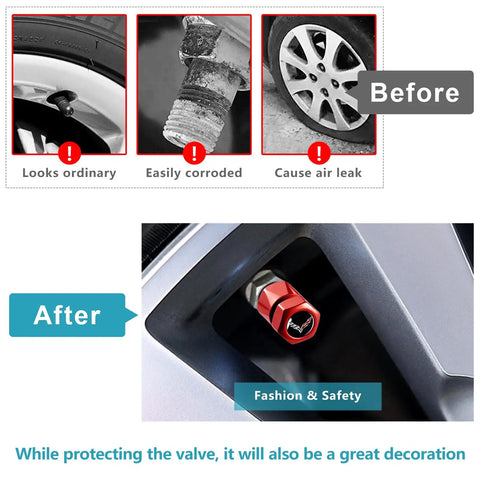 Before and after comparison showing Red Tire Valve Stem Caps 4 Pack Dope Die Cast Aluminum With O Ring Seal on a car wheel, highlighting corrosion resistance.