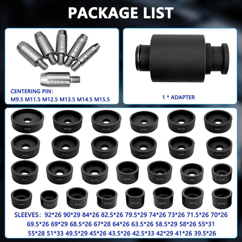Package contents of 35Pcs Bushing Press Kit For Hydraulic Shop Press Pro Grade Universal Seals Bearings Removal And Installation Tool Kit With Sleeves And Adapter For Cars And Light Duty Trucks