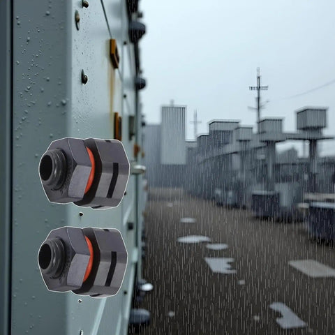 Two Pack IP68 Industrial Breather Vent With M12x1.5 Pressure Equalization Valve on outdoor electrical cabinet in rain
