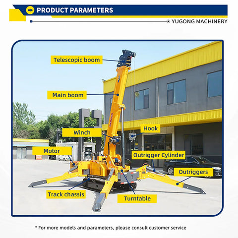 Yellow mini crawler lifting equipment with telescopic boom and stable outriggers at construction site