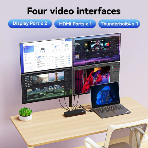 Rock Solid Thunderbolt 4 Docking Station For Laptops Drives Four 4K Monitors With Boss 230W Power Delivery zero hassle setup with four video interfaces.