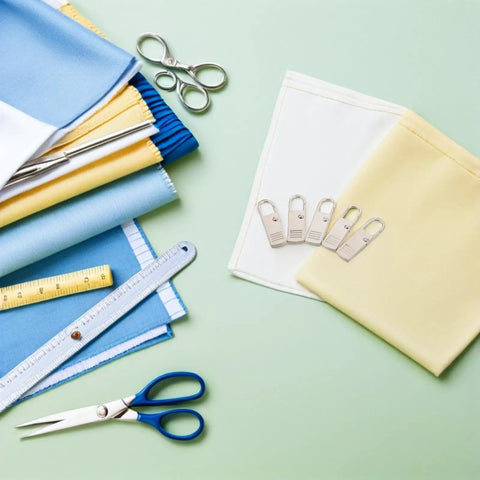 Top Shelf Universal Replacement Zipper Pull Heads 20 Piece Metal Kit with fabric and scissors for bag repairs.