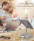 Crystal Table Lamp Set With Touch Control, USB C And USB A Ports showcased in living room setting, charging phone