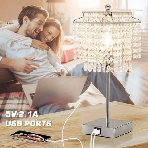 Crystal Table Lamp Set With Touch Control, USB C And USB A Ports showcased in living room setting, charging phone