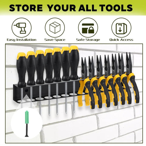 Two Pack Heavy Duty Screwdriver Plier Organizer Wall Mount Rack for Garage and Workshop, metal tool holder, installed on wall.