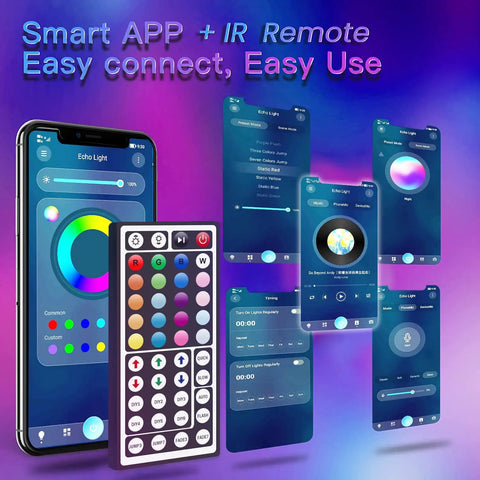 150ft Multi Color RGB LED Strip Lights With Bluetooth App Control and 44 Key Remote interface display