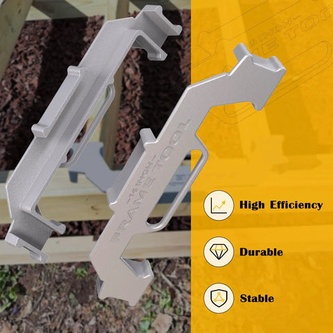 16 Inch On Center Stud Layout Tool Forged From Tough Cast Aluminum positioned above wooden frames for accurate stud alignment.
