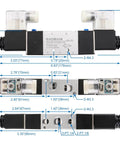 Diagram of Industrial Pneumatic Solenoid Air Valve 110VAC Five Way Two Position Double Coil Pilot Operated Electrical Control Model 4V220-08 With Quarter Inch PT Ports And Aluminum Alloy Body showing dimensions.