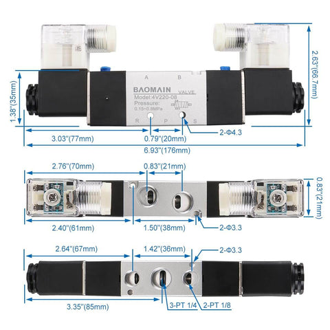 Diagram of Industrial Pneumatic Solenoid Air Valve 110VAC Five Way Two Position Double Coil Pilot Operated Electrical Control Model 4V220-08 With Quarter Inch PT Ports And Aluminum Alloy Body showing dimensions.