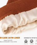 Close-up of satin lining in 3 Pack Satin Lined Winter Beanie Hats For Women And Men, Knit Beanies That Stay Warm in acrylic, cozy cuff.