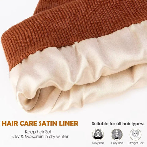 Close-up of satin lining in 3 Pack Satin Lined Winter Beanie Hats For Women And Men, Knit Beanies That Stay Warm in acrylic, cozy cuff.