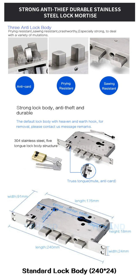 Heavy Duty Fingerprint Smart Door Lock Featuring Built In Doorbell And Slick App Control Electronic Deadbolt For Home Security Password And Key Card Entry Rock Solid Rust Proof Build, durable stainless steel mortise lock.