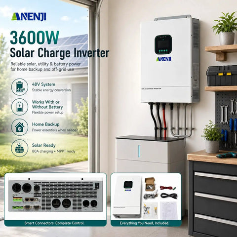 Rock Solid Heavy Duty Hybrid Solar Inverter 48V 3600W With Built In 80A MPPT Charger Pure Sine Wave mounted on wall.