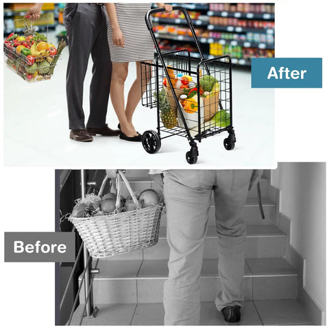 Heavy Duty Foldable Grocery Cart With Adjustable Handle, Extra Basket And 360 Degree Swivel Wheels in use for shopping
