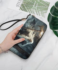 Dragon Boat Viking Themed Womens PU Leather Long Clutch Wallet With Card Holder And Coin Purses Durable Premium Leather For Everyday Use Sleek Chic Wallet For Work Or Nights Out Boss Lady Ready held in hand showing Viking motif