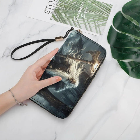 Dragon Boat Viking Themed Womens PU Leather Long Clutch Wallet With Card Holder And Coin Purses Durable Premium Leather For Everyday Use Sleek Chic Wallet For Work Or Nights Out Boss Lady Ready held in hand showing Viking motif