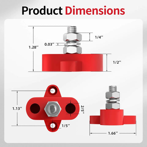 Dimensions of the 12V 250A Power Distribution Block Set With Single 5/16 Inch Studs, Positive Battery Post Junction Block.