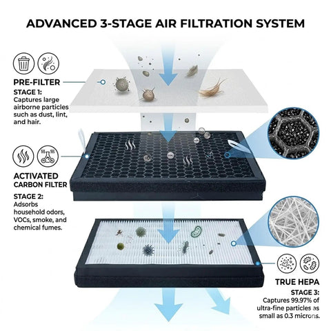 Diagram of Solder Fume Extractor With 100W Power And 200 m3 Per Hour Airflow Beefy Suction For Bench Soldering And Laser Engraving H13 HEPA 3 Stage Filtration With Activated Carbon Desktop Smoke Purifier showing pre-filter, activated carbon filter, and HEPA filter stages.