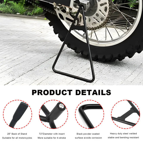 Heavy Duty Dirt Bike Triangle Kickstand With Solid Steel Construction, rear side wheel holder in use on dirt bike wheel.