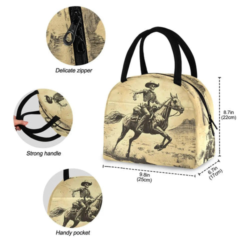 Skeleton Horse Desert Vintage Insulated Lunch Bag For Women And Men, featuring durable exterior and zipper detail