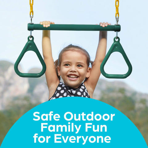 Child smiling on Backyard Swing Set Accessories Kit With 18 Inch Trapeze Bar 48 Inch Heavy Duty Chain With Locking Carabiners