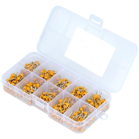 500 Piece Ceramic Capacitor Kit With 10 Value Assortment From 0.1uF To 10uF, 50V, Tolerance 10 Percent in a plastic case