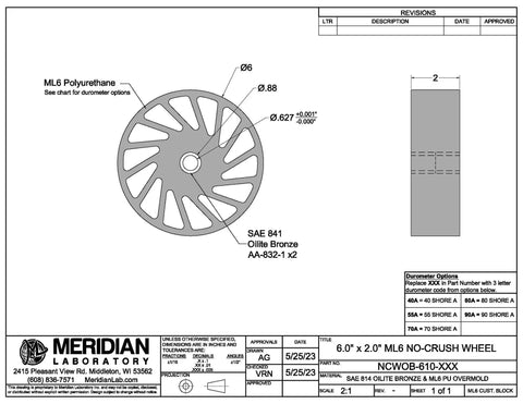 Built Tough Polyurethane Idler Wheel With Oilite Bronze Bearing Core 6 Inch Outer Diameter 2 Inch Width By 0625 Inch Bore for low rpm use and hold down roles.