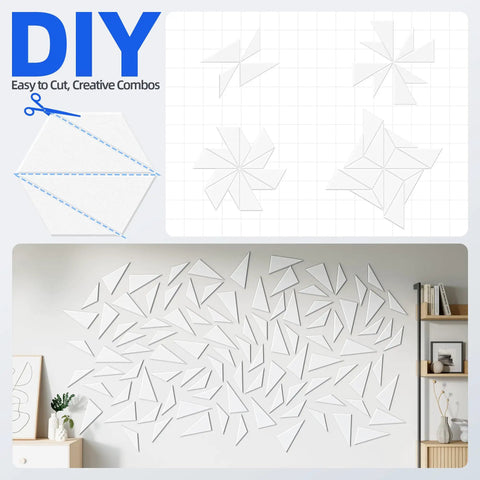 Kickass 12 Pack Hexagon Acoustic Panels For Walls arranged creatively on a wall with scissors and DIY instructions.