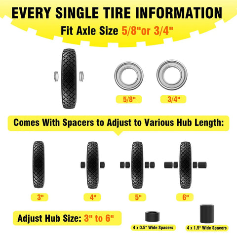 Flat Free 4.80 4.00 8 Inch Wheel And Tire For Wheelbarrows And Hand Trucks, hub spacers and bearing sizes, outdoor use details
