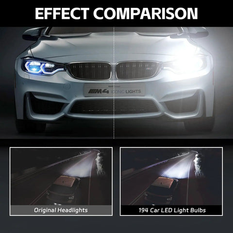 Effect comparison of 194 car LED light bulbs with original headlights on a vehicle