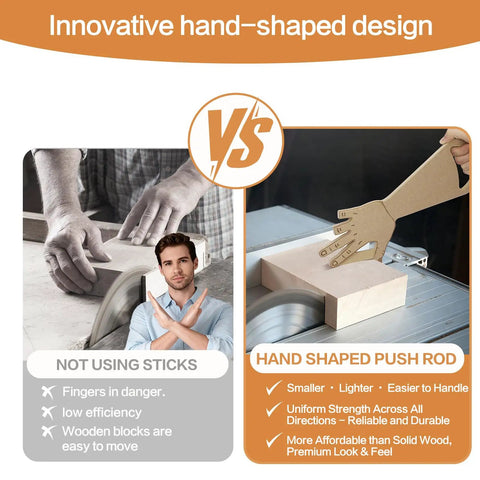 Comparison of using hands versus Ergonomic Hand Shape Table Saw Push Stick With Missing Finger Design for safer woodworking.