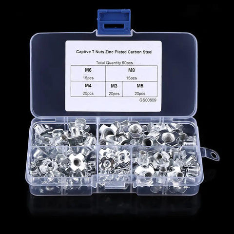 Carbon Steel T Nuts 4 Prong Blind Inserts M6 M8 for wood furniture with zinc plated rust protection in storage box