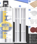 Fuchoi Metal Glue epoxy adhesive kit, silver bottle; includes 2 epoxy tubes, stirrers, silicone cups, gloves, sandpaper