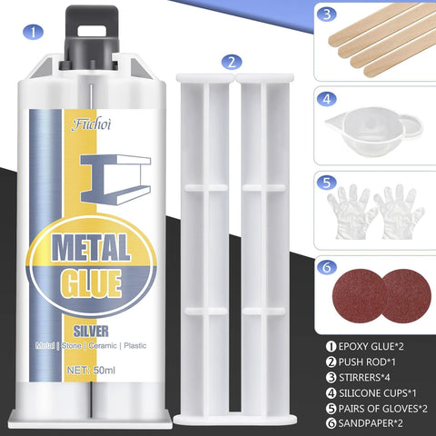Fuchoi Metal Glue epoxy adhesive kit, silver bottle; includes 2 epoxy tubes, stirrers, silicone cups, gloves, sandpaper