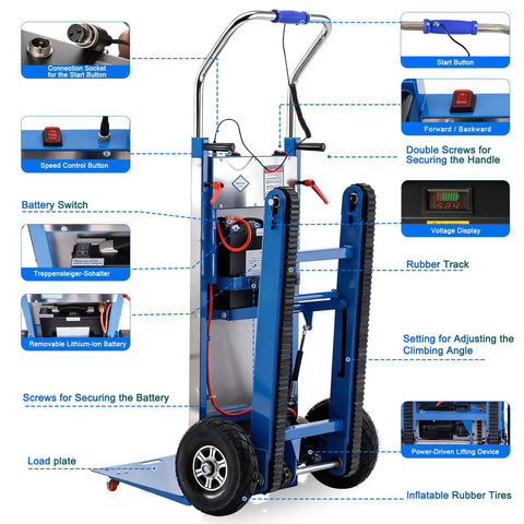 Motorized Electric Stair Climbing Dolly With Heavy Duty 900 Lbs Capacity And 1250w Motor For Tough Moving Jobs showing control panel details and rubber tires.