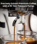 Ditch The Daily Coffee Run With This Pro Home Espresso Maker Featuring A Built In Grinder And Adjustable Milk Frother 15 Bar Extraction Pump Plus Instant Hot Water For Smooth Daily Lattes, coffee extraction in progress.