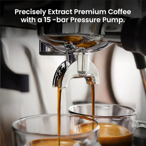 Ditch The Daily Coffee Run With This Pro Home Espresso Maker Featuring A Built In Grinder And Adjustable Milk Frother 15 Bar Extraction Pump Plus Instant Hot Water For Smooth Daily Lattes, coffee extraction in progress.