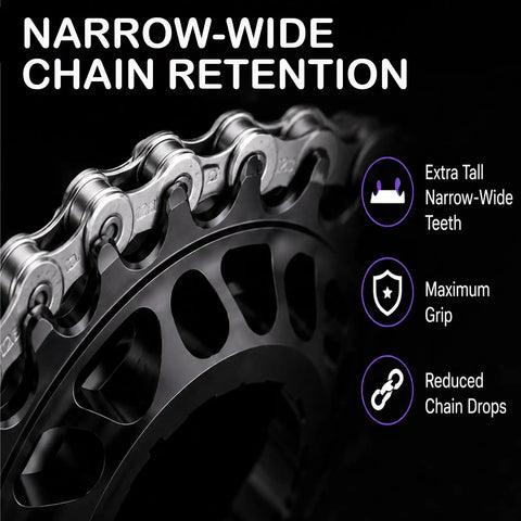 Close-up of bike chain on cog with text about narrow-wide chain retention for Single Speed Conversion Kit For Shimano HG Freehub With CNC 7075 Aluminum Cog And Spacer Set 5mm 7mm 12mm For A Clean Easy Upgrade Not Microspline Compatible
