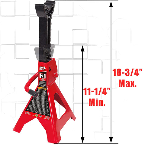 Big Red 3-Ton steel jack stand with black adjustable post and red base; height 11¼–16¾ in.