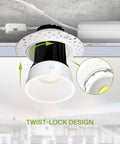 Trimless 2 Inch LED Recessed Light Canless Dimmable Downlight 15W 120V White with twist-lock design and J-box