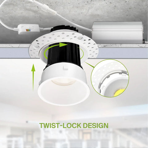 Trimless 2 Inch LED Recessed Light Canless Dimmable Downlight 15W 120V White with twist-lock design and J-box