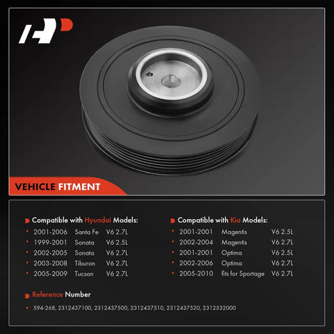 Engine Harmonic Balancer Pulley Compatible With Hyundai Sonata Santa Fe Tucson Tiburon Kia Optima Sportage Magentis DOHC V6 2.5L 2.7L Drop In Replacement Part for Smooth Engine Timing and Reduced Vibration