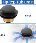Heavy Duty Solid Brass Tub Drain Kit With Matte Black Finish And Universal Fit For Quick Bathroom Upgrades showing close and open positions.