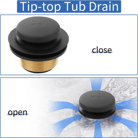 Heavy Duty Solid Brass Tub Drain Kit With Matte Black Finish And Universal Fit For Quick Bathroom Upgrades showing close and open positions.
