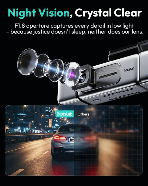 Crystal Clear 3K 4 Channel Dash Cam night vision comparison, low light with lens detail, car on city road, Botslab branding.
