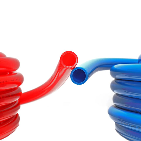 Half Inch PEX B Pipe Kit With 200 Feet Total From Two Rolls For Potable Hot And Cold Water Systems, red and blue tubing ends