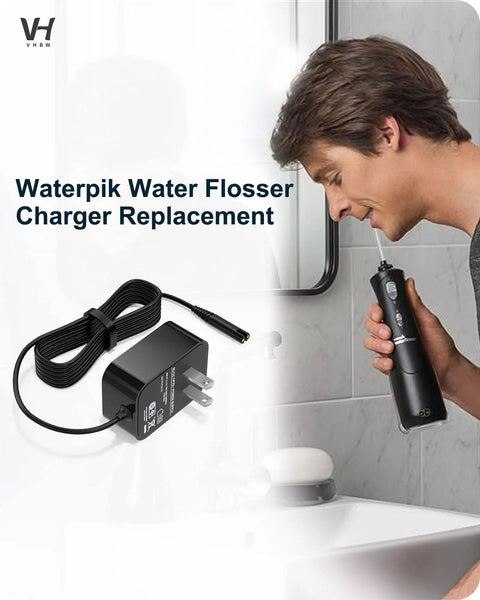 Waterpik Compatible Charger Cord For Water Flosser WP360 WP360W WP450 WP450W WP462 WP462W Two Prong Replacement Power Adapter YLA 03010 with man using water flosser